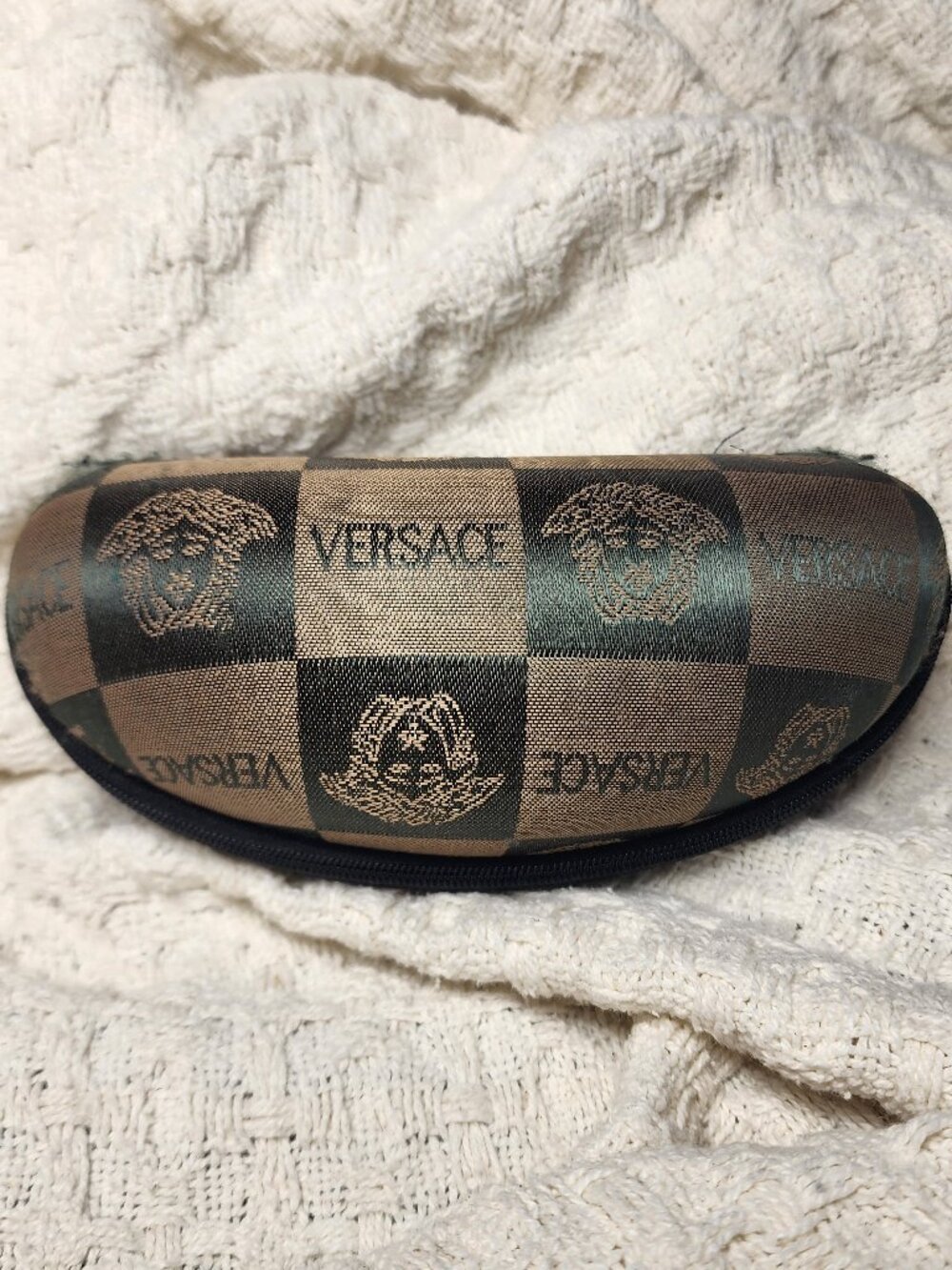 Versace Vintage Hard Shell Silk Sunglasses Case w/ Zipper, Iconic Black & Gold